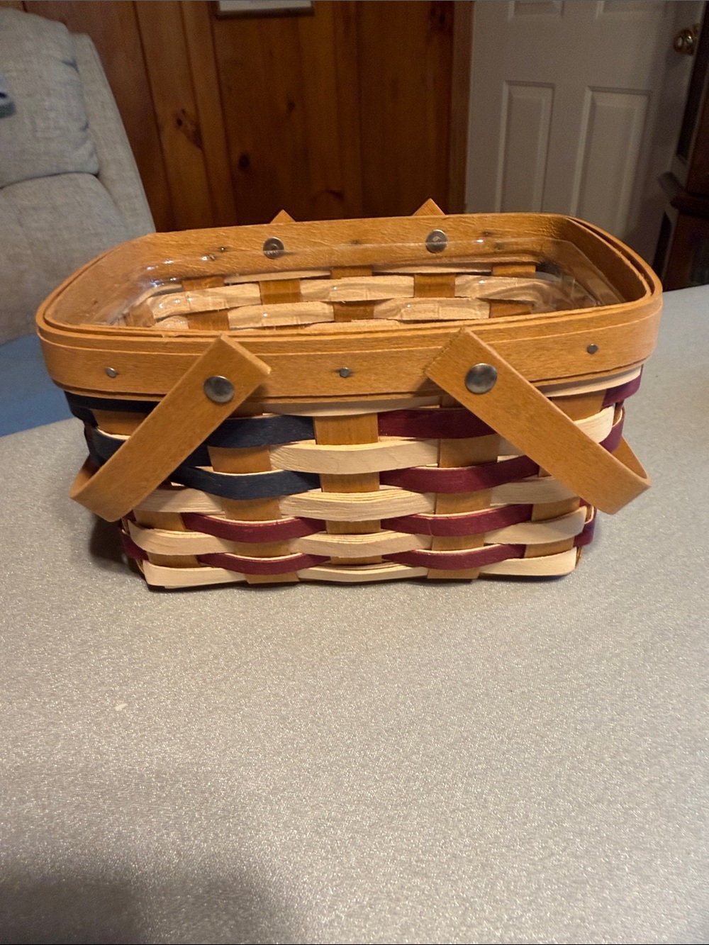 Longaberger Woven Basket with Cream, Blue, Red Accents